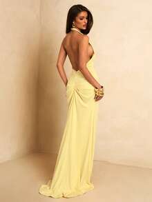 SHEIN BAE Women's Yellow Deep V Neck Flowy Tie Back Ruched Maxi Elegant Dress, Spring/Summer - Yellow - View 10