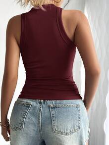 SHEIN Áo tank top nữ cổ tròn đính đá lấp lánh, dáng ôm, thích hợp mặc thường ngày, kiểu dáng casual, thích hợp mặc mùa hè, ôm sát, gợi cảm. Áo tank top nữ màu đỏ đô, đỏ rượu vang, đỏ sẫm, áo sexy nữ, áo tập yoga, áo tập thể dục, áo nữ mùa hè ôm sát. - Màu Đỏ Sâu - Xem 2