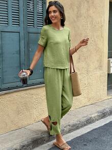 Selianne 两件套女士镂空短袖上衣+镂空休闲裤套装 - 薄荷綠 - 查看 4