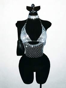 EgrlEra Women's Hollow Out Rhinestone Embellished Sexy Halter Crop Top - Light Grey - View 1