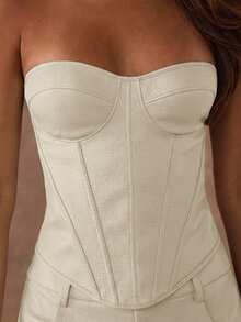 SHEIN BAE Áo quây nữ màu trơn dáng rộng, phối họa tiết xương cá, thích hợp mặc mùa hè. - Màu be - Xem 8