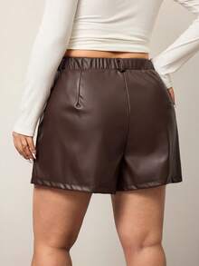 Enliva Plus Size Solid Color PU Leather Casual Versatile Pockets Shorts, For Apple & Rounded Body Shape, For Body Shape, For Summer - Rust Brown - View 2