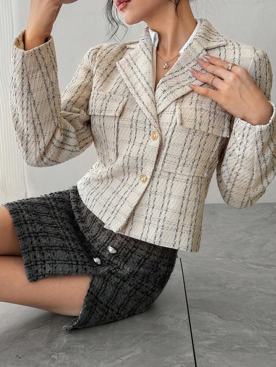 DAZY Women's Casual Style Patterned Pocket Regular Jacket, Spring - Apricot - View 1