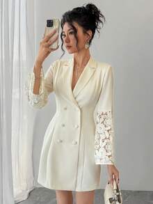 DAZY Vestido mini elegante de mujer con parches de encaje y cuello de blazer, vestido de invitada de boda de primavera/verano - Beis - Ver 8