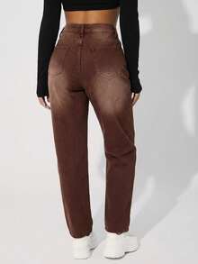 SHEIN PETITE Women's Casual Everyday Pockets Button Denim Jeans - Coffee Brown - View 5