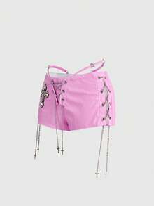 ROMWE Avant Quần short nữ kiểu retro gyaru biker, chất liệu giả da, cạp thấp, ôm sát. - Bụi hồng - Xem 5