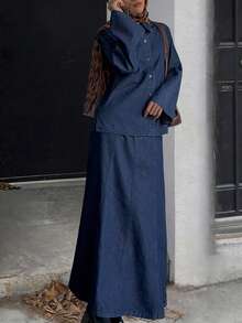 DAZY Women's Casual Collared Top And Denim Skirt Set - Dark Wash - View 1