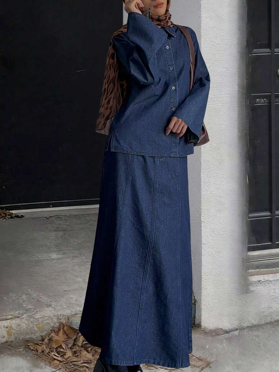 DAZY Women's Casual Collared Top And Denim Skirt Set - Dark Wash - View 1
