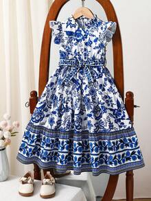 SHEIN Vestido largo de manga corta con estampado floral azul y blanco de estilo informal y vacacional para niña - Azul - Ver 4