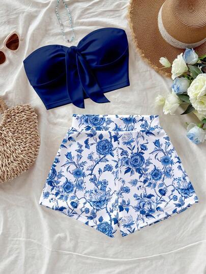 Soleia Conjunto de 2 piezas de top bandeau de unicolor simple y shorts estampados para mujer