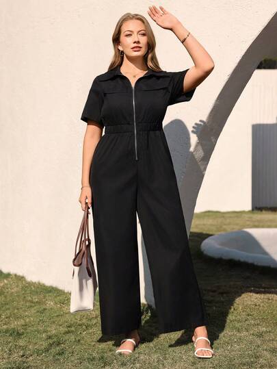 Juhart Plus Size Women's Casual Solid Color V-Neck Short Sleeve Front Half Zip Waist Cinched Long Jumpsuit, Suitable For Outdoor Commute