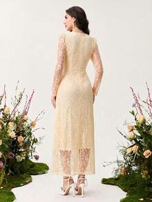 Modelyn Elegantes Damen Bodycon-Kleid mit Spitzeneinsatz, quadratischem Ausschnitt und schlanker Passform, graziöser, damenhafter Stil - Aprikosenfarben - Übersicht 2