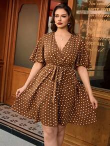 SHEIN Unity Plus Size Polka Dot Wrap Ruffle Hem Short Sleeve Summer Dress - Coffee Brown - View 2