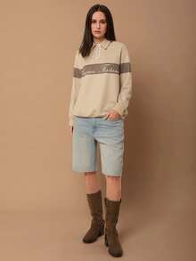 SURIMA Women's Casual Letter Print Drop Shoulder Long Sleeve Loose Polo Neck Sweatshirt - Multicolor - View 3