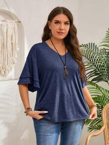 Rosumi Plus Size Women Summer Casual Vacation Daily Commute V-Neck Loose Flare Sleeve Plus Size T-Shirt - Navy Blue - View 2