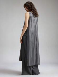 Ontre 女士圆领无袖半透明衬衫，侧边纽扣长款上衣，适合都市通勤、商务、休闲、圣诞节、新年派对等场合 - 灰色 - 查看 3