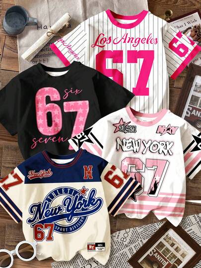 SHEIN 4件装少女休闲复古运动风数字67印花宽松落肩T恤，适合春夏穿着，返校季必备