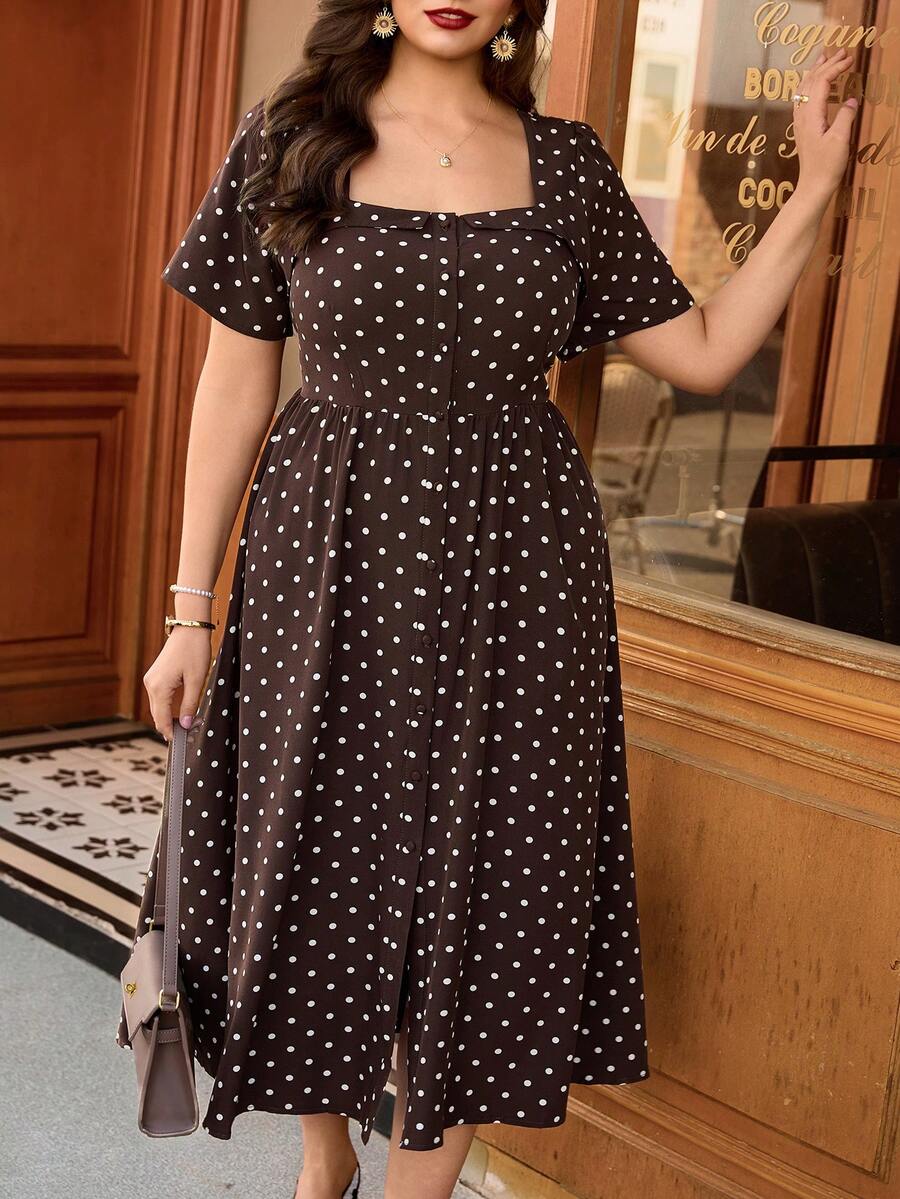 Auvina 大码女式时尚中长波点连衣裙，优雅时尚 - 彩色 - 查看 1