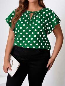 SHEIN Clasi Plus Size Contrast Color Polka Dot Print Short Sleeve Shirt - Dark Green - View 7