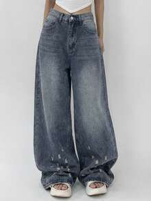 DAZY Quần jeans ống rộng dáng suông, phong cách đường phố thường ngày dành cho nữ, thích hợp cho mùa xuân/thu Y2K. - Màu xanh lam - Xem 4