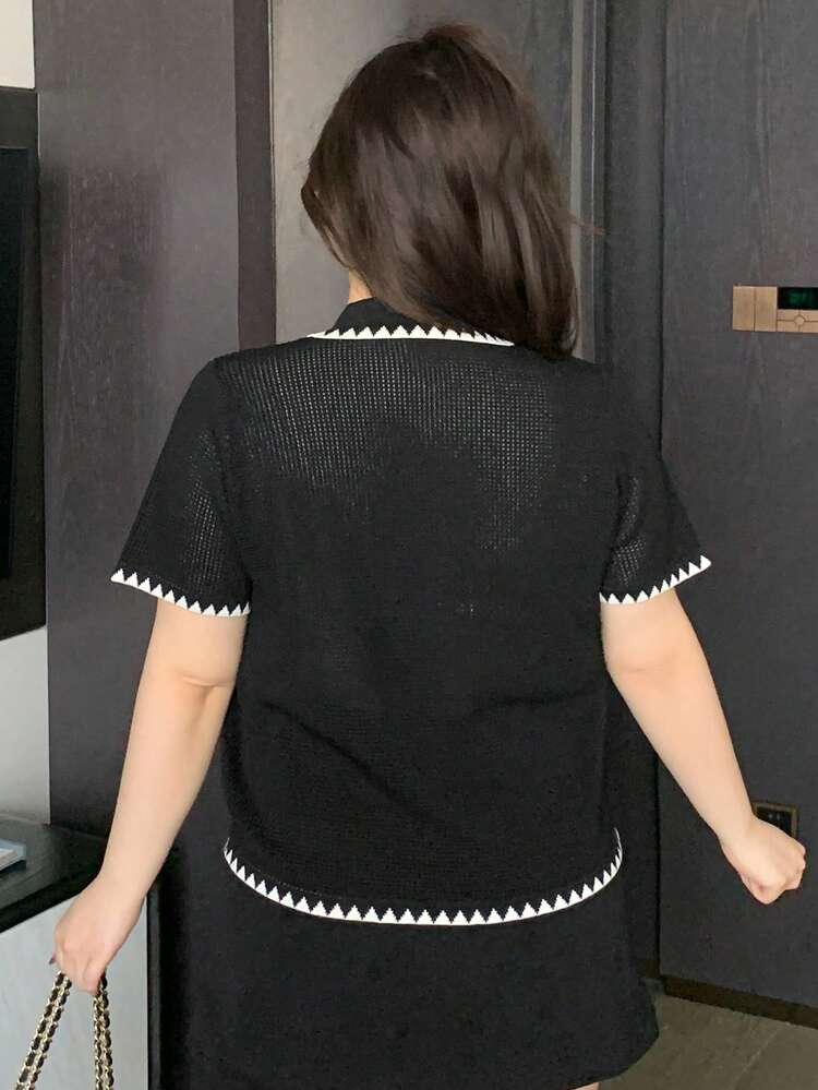 Dazy Plus Color Block Short Sleeve Casual Black Cropped Spring/Summer Knit Top