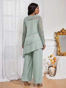 SHEIN Lady Women's Contrast Lace Round Neck Long Sleeve Asymmetric Ruffle Hem Top And Pants Elegant 2-Piece Set - Green - View 2