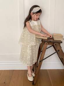 DAZY Young Girl Round Neck Sleeveless Patchwork Dress - Apricot - View 6