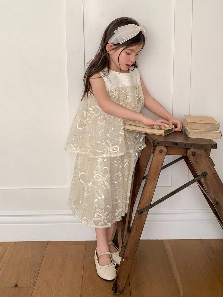 DAZY Young Girl Round Neck Sleeveless Patchwork Dress Summer - Apricot - View 6