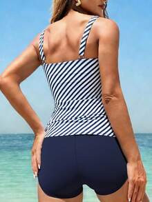 Swim Lushoire Women's Blue & White Striped Drawstring Waist Casual Beach Vacation Top And Solid High Waist Shorts Tankini Bikini Set, Summer - Blue and White - View 2