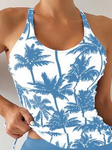 Swim Lushoire Conjunto de tankini de traje de baño con estampado de palmeras para mujer, ideal para el verano y la playa - Celeste - Ver 4