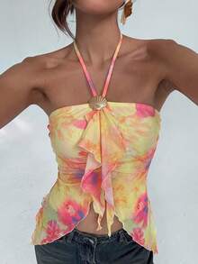 Aloruh 女士吊带无袖露背荷叶边下摆上衣 - 黃色 - 查看 6