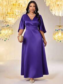 SHEIN Lady Đầm thanh lịch cỡ lớn, màu trơn, kiểu dáng thắt eo chéo, chất liệu vải cotton. - Màu tím - Xem 4
