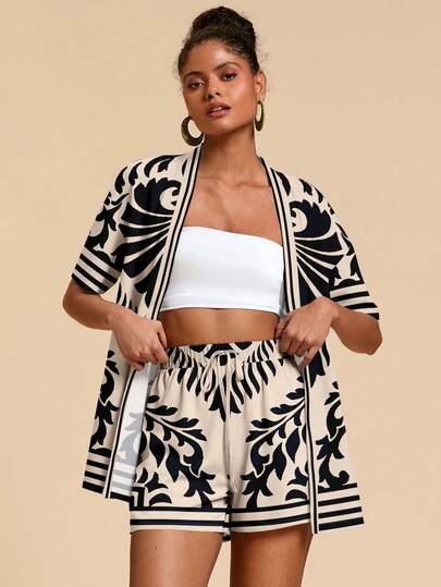 Travachic Casual Minimalist Vacation Bohemian Elegant Romantic Retro Print Pattern, Beach Outfit, Vacation Outfit, Summer Outfit, Cardigan Short Sleeve & Shorts 2-Piece Set For Women