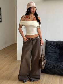 Coolane Women's Spring/Summer Y2K Concert Rave Festival Going Out Rave Renaissance Fair Clubs Party Hippie Off The Shoulder Tee - Apricot - View 5