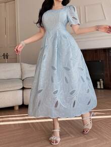 DAZY 女士优雅印花方领泡泡袖中长连衣裙，夏季 - 藍色 - 查看 5