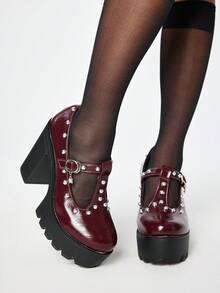 ROMWE Women's High Heels And Shoes Red High Heels, Dark Rock Punk Gothic Shoes, Closed Toe T-Shaped With Rivets, Y2K Dress Shoes, Mary Jane Leather Shoes, Japanese JK Uniform Shoes Valentine's Day - Red rivet - View 1