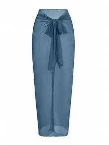 One-Piece Swimsuit With Solid-Color Ruched Mesh Panel And Sarong Skirt - Sea Blue - View 4