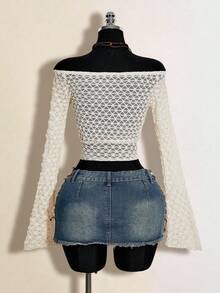 SHEIN ICON Women's Off-Shoulder Long Sleeve Lace Sheer Sexy Blouse - Beige - View 2