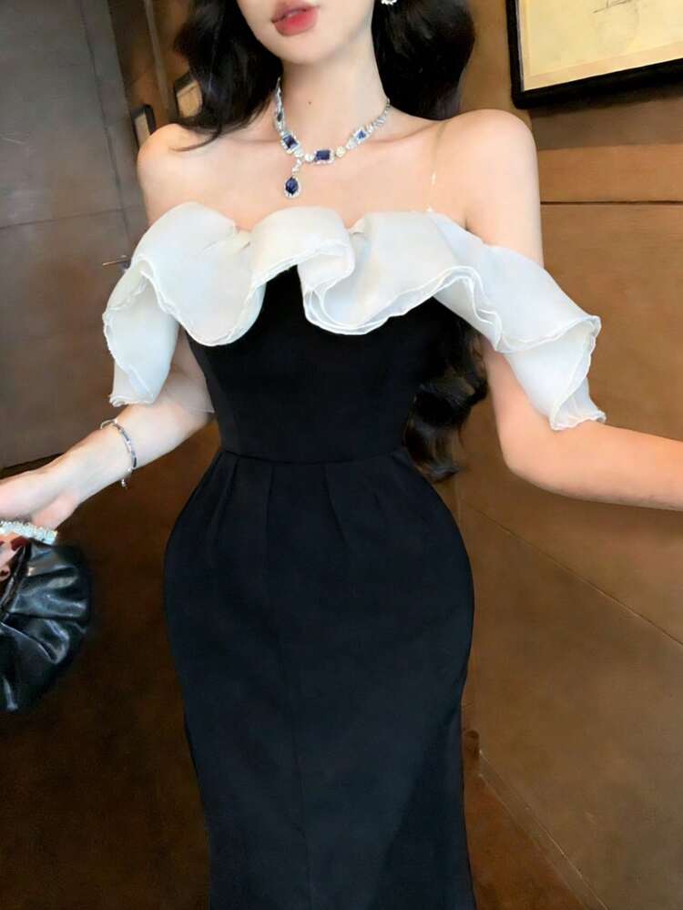 Elegant Dress For Women, Patchwork Color Block Ruffle Open Shoulder Cinched Waist, Suitable For Banquet In Spring And Autumn Sundress Off The Shoulder