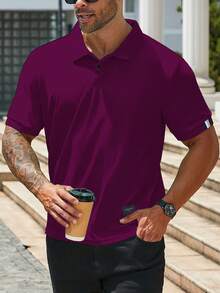Manfinity Homme Áo Polo nam tay ngắn cỡ lớn, kiểu dáng thường ngày, màu đỏ tía, áo polo nam có cổ - Màu đỏ tím - Xem 3