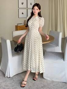 DAZY Women's Elegant Polka Dot Lapel Pleated Long Dress Wedding Guest Dress - Beige - View 9