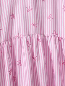 SHEIN 1pc Girls' Sweet Vacation Style Ruffle V-Neck Puff Sleeve Striped Bow Print A-Line Dress, Suitable For Spring/Summer Travel, Vacation, Beach Wear - Pink - View 7