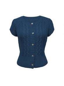 Franclia New Vintage Hollow Out Cable Knit Front Button Cardigan - Royal Blue - View 3