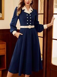Vintamour 复古经典优雅女士连衣裙，秋冬修身撞色翻领连衣裙，系带连衣裙，双排扣连衣裙，藏蓝色长袖连衣裙 - 藏蓝色 - 查看 1
