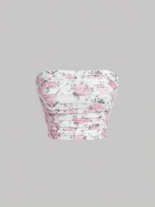 SHEIN MOD 夏季碎花印花褶皱抹胸 - 彩色 - 查看 3