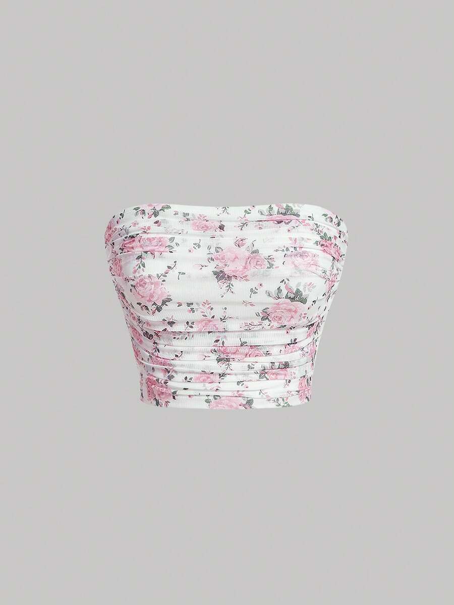 SHEIN MOD Summer  Ditsy Floral Print Ruched Tube Top - Multicolor - View 1