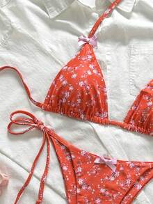 Swim Mod 女士随机印花露背蝴蝶结侧系带比基尼泳裤可爱比基尼套装，夏季 - 彩色 - 查看 3