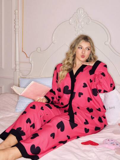SHEIN Slumberry CURVE Cute Ins Contrast Color Heart Pocket Button Comfortable Loose Woven Valentine's Day Plus Size Pajama Set