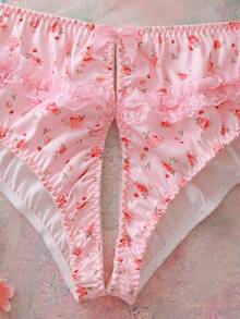 Plus Size Romantic Floral Print Lace Patchwork Open Crotch Panties, Lingerie - Pink - View 3
