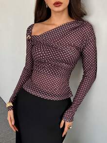 NOVVYNE New Spring/Summer Polka Dot Brown Elegant Metal Buckle Shoulder T-Shirt For Women - Brown - View 3